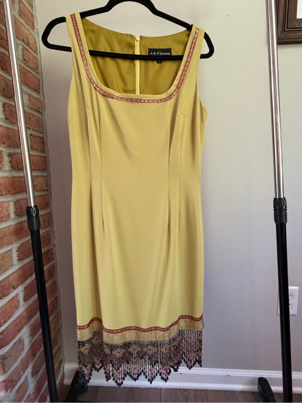 ABS Evening Allen Schwartz Chartreuse Beaded Hem Vintage Cocktail Dress